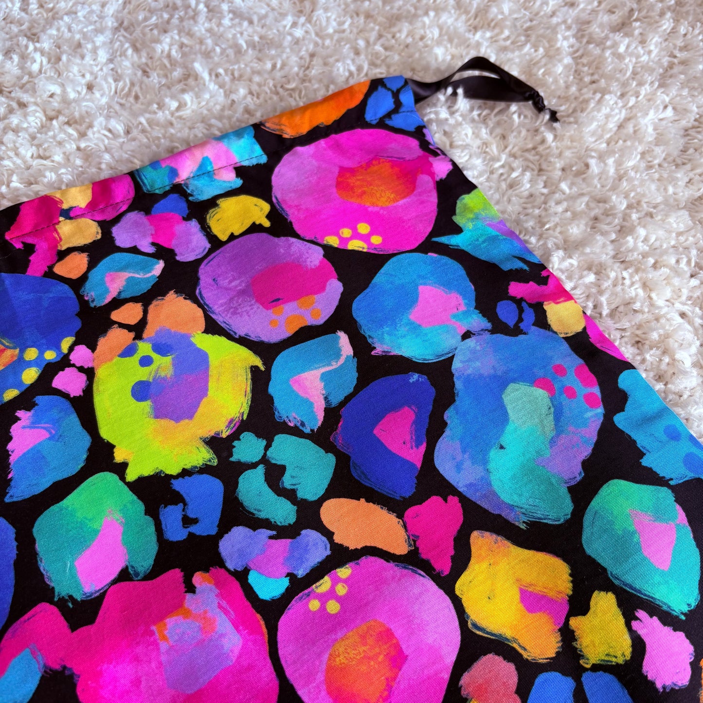 Large Drawstring Bag - Black Rainbow Leopard