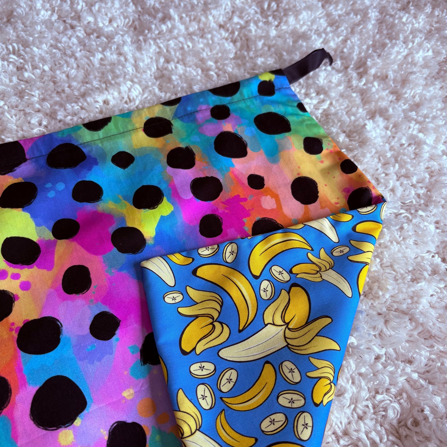 Medium Drawstring Bag - Rainbow Cheetah/Blue Bananas